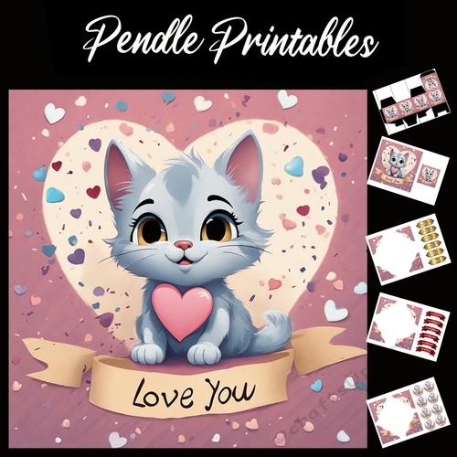 Love You. Cute Grey Kitten 7x7 Card Kit. Matching Box, Gift Bauble,Tag