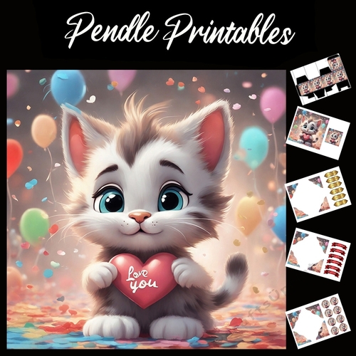 Love You. Cute Brown & White Kitten 7x7 Card Kit. Matching Box, Gift Bauble,Tag