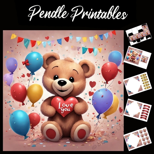 Love You. Cute Brown Teddy Bear 7x7 Card Kit. Matching Box, Gift Bauble,Tag