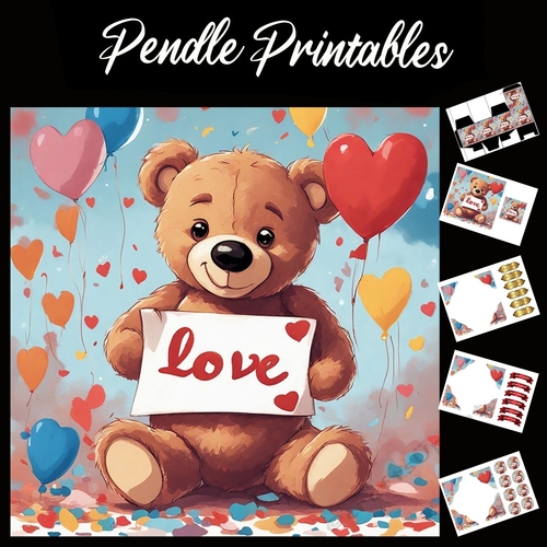 Love. Cute Brown Teddy Bear 7x7 Card Kit. Matching Box, Gift Bauble,Tag