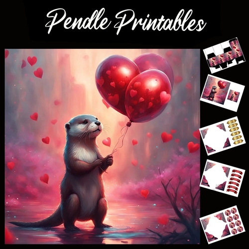Balloons & Hearts Cute Otter 7x7 Card Kit. Matching Box, Gift Bauble,Tag
