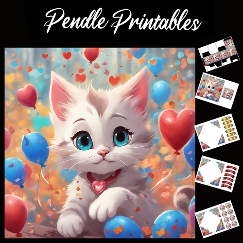 Cute White Kitten With Love Heart Collar 7x7 Card Kit. Matching Box, Gift Bauble,Tag