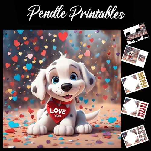 Love You. Cute Dalmatian Puppy 7x7 Card Kit. Matching Box, Gift Bauble,Tag