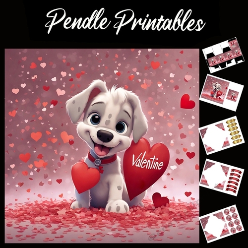 Valentine. Cute Dalmatian Puppy 7x7 Card Kit. Matching Box, Gift Bauble,Tag