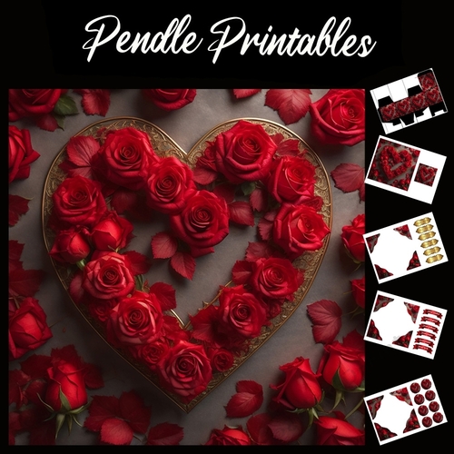 Red Roses Set In Gold Heart Frame 7x7 Card Kit. Matching Box, Gift Bauble,Tag