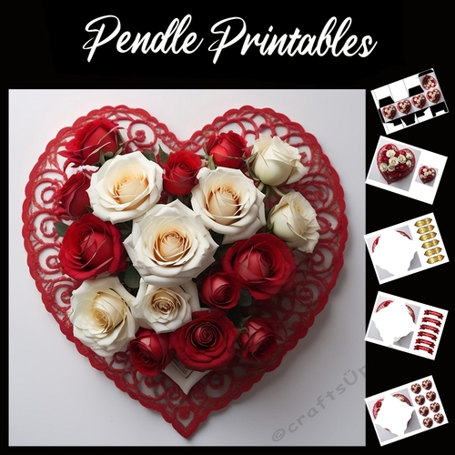 Red & White Roses In Lace Frame 7x7 Card Kit. Matching Box, Gift Bauble,Tag