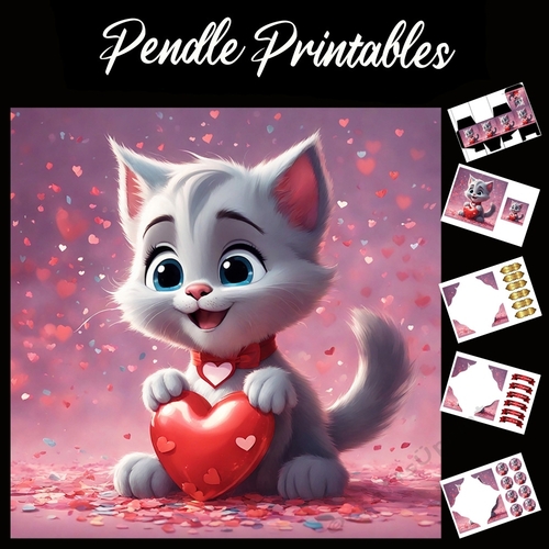 Cute Grey Kitten With Heart & Heart Collar 7x7 Card Kit. Matching Box, Gift Bauble,Tag