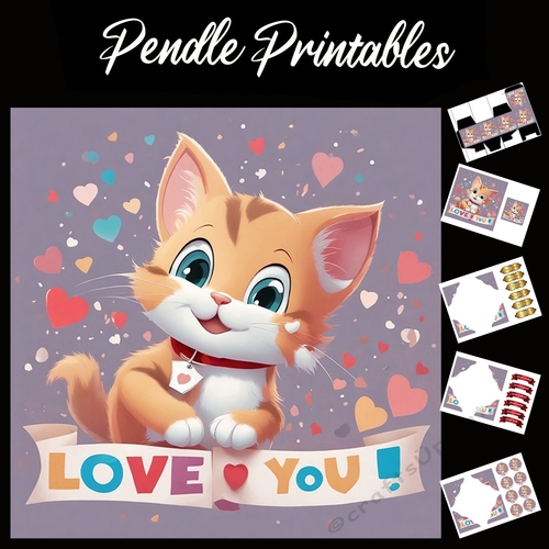 Love You. Cute Ginger Kitten 7x7 Card Kit. Matching Box, Gift Bauble,Tag