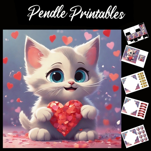 Cute White Heart Kitten 7x7 Card Kit. Matching Box, Gift Bauble,Tag