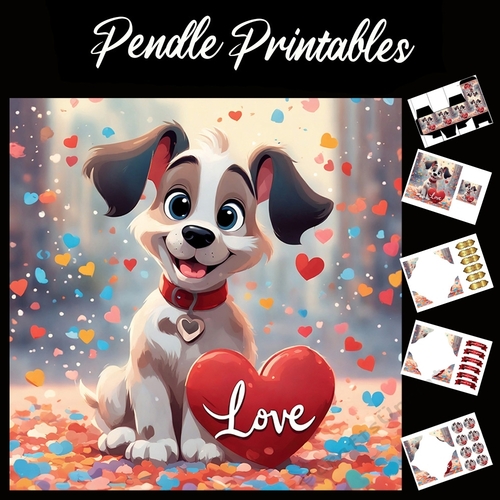 Love. Cute Puppy With Heart 7x7 Card Kit. Matching Box, Gift Bauble,Tag