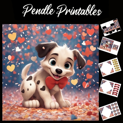 Cute Puppy Wearing Red Bow 7x7 Card Kit. Matching Box, Gift Bauble,Tag