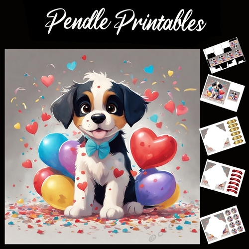 Cute Puppy With Balloons 7x7 Card Kit. Matching Box, Gift Bauble,Tag