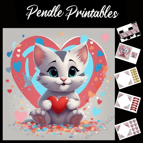 Cute Grey & White Kitten With Heart 7x7 Card Kit. Matching Box, Gift Bauble,Tag