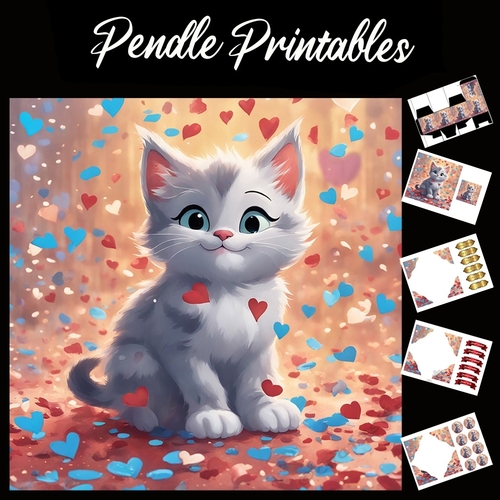 Love Heart Confetti Cute Kitten 7x7 Card Kit. Matching Box, Gift Bauble,Tag
