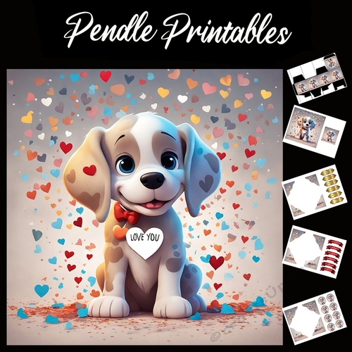 Love You. Cute Puppy 7x7 Card Kit. Matching Box, Gift Bauble,Tag