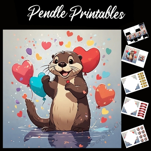Love Hearts Cute Otter 7x7 Card Kit. Matching Box, Gift Bauble,Tag