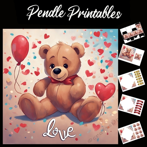 Love. Cute Brown Teddy Bear With Balloons 7x7 Card Kit. Matching Box, Gift Bauble,Tag