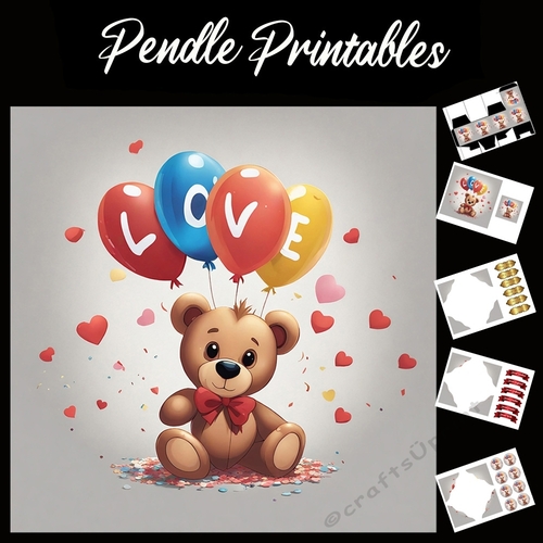 Love Balloons Cute Brown Teddy Bear 7x7 Card Kit. Matching Box, Gift Bauble,Tag