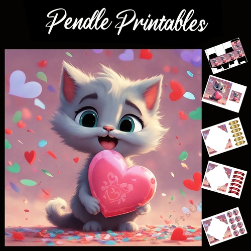 Cute Pink Heart Kitten 7x7 Card Kit. Matching Box, Gift Bauble,Tag