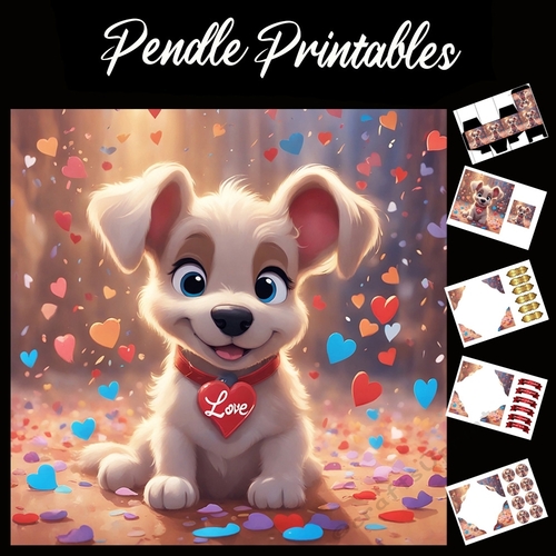 Love. Cute Cream Puppy 7x7 Card Kit. Matching Box, Gift Bauble,Tag