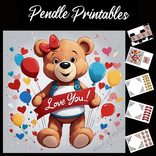Love You. Cute Brown Teddy 7x7 Card Kit. Matching Box, Gift Bauble,Tag