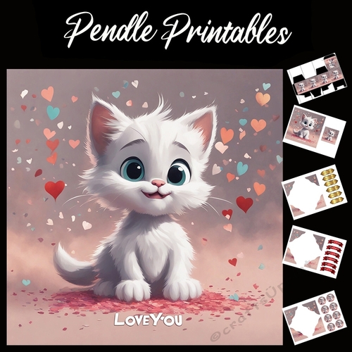 Love You. Cute White Kitten 7x7 Card Kit. Matching Box, Gift Bauble,Tag
