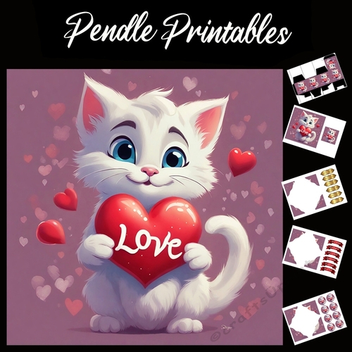 Love. Cute White Kitten 7x7 Card Kit. Matching Box, Gift Bauble,Tag