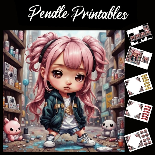 Little Miss Attitude Anime Style7x7 Card Kit. Matching Box, Gift Bauble,Tag