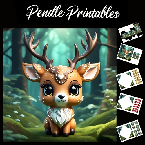 Anime Style Baby Deer 7x7 Card Kit. Matching Box, Gift Bauble,Tag