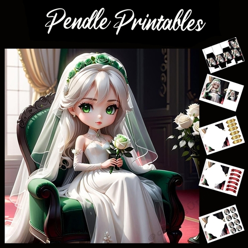 Beautiful Anime Style Bride 7x7 Card Kit. Matching Box, Gift Bauble,Tag
