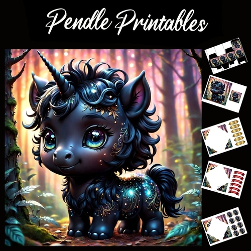 Cute Purple Baby Unicorn 7x7 Card Kit. Matching Box, Gift Bauble,Tag