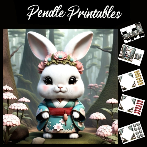 Cute Geisha Bunny 7x7 Card Kit. Matching Box, Gift Bauble,Tag