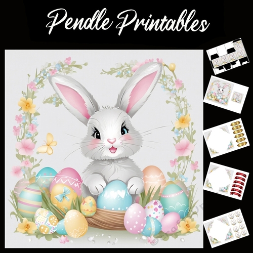 Cute Easter Bunny Rabbit With Egg 120 7x7 Card Kit. Matching Box, Gift Bauble,Tag