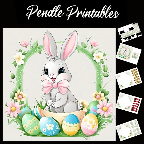 Cute Easter Bunny Rabbit With Egg 122 7x7 Card Kit. Matching Box, Gift Bauble,Tag