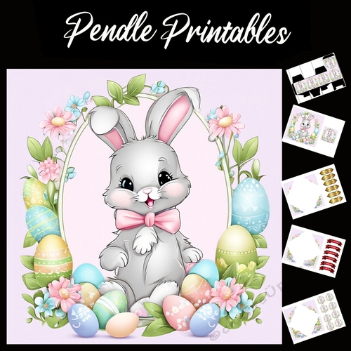 Cute Easter Bunny Rabbit With Egg 123 7x7 Card Kit. Matching Box, Gift Bauble,Tag