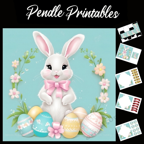 Cute Easter Bunny Rabbit With Egg 125 7x7 Card Kit. Matching Box, Gift Bauble,Tag