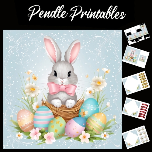 Cute Easter Bunny Rabbit With Egg 129 7x7 Card Kit. Matching Box, Gift Bauble,Tag