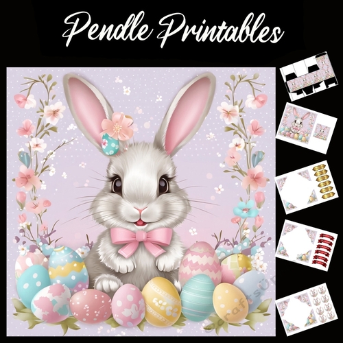Cute Easter Bunny Rabbit With Egg 130 7x7 Card Kit. Matching Box, Gift Bauble,Tag