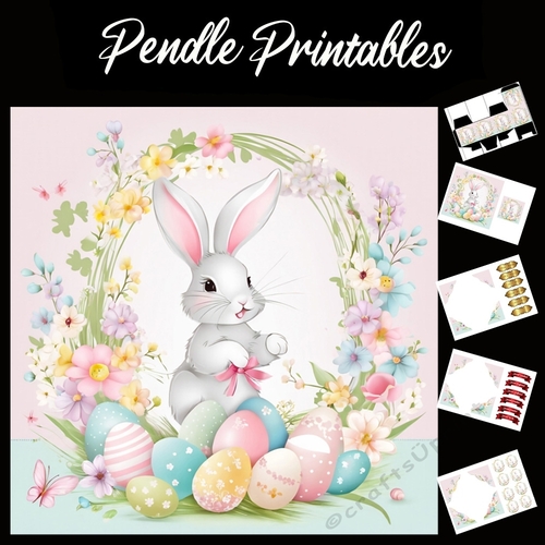 Cute Easter Bunny Rabbit With Egg 131 7x7 Card Kit. Matching Box, Gift Bauble,Tag