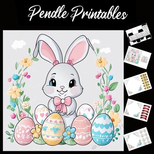 Cute Easter Bunny Rabbit With Egg 132 7x7 Card Kit. Matching Box, Gift Bauble,Tag