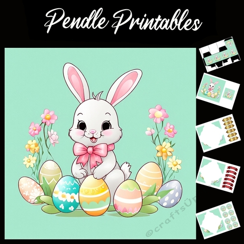 Cute Easter Bunny Rabbit With Egg 133 7x7 Card Kit. Matching Box, Gift Bauble,Tag