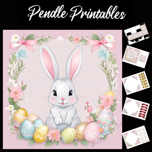 Cute Easter Bunny Rabbit With Egg 134 7x7 Card Kit. Matching Box, Gift Bauble,Tag