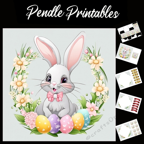 Cute Easter Bunny Rabbit With Egg 136 7x7 Card Kit. Matching Box, Gift Bauble,Tag