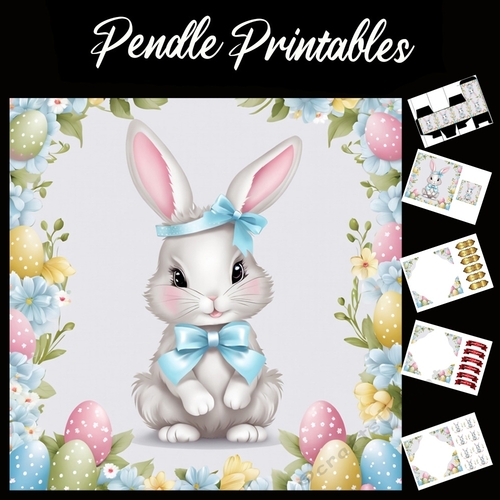 Cute Easter Bunny Rabbit With Egg 138 7x7 Card Kit. Matching Box, Gift Bauble,Tag