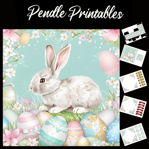 Cute Easter Bunny Rabbit With Egg 139 7x7 Card Kit. Matching Box, Gift Bauble,Tag