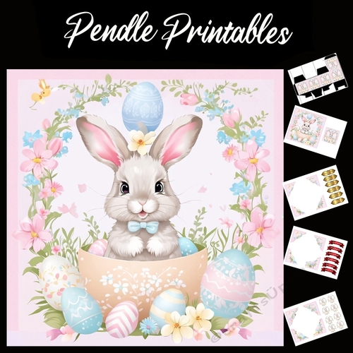 Cute Easter Bunny Rabbit With Egg 142 7x7 Card Kit. Matching Box, Gift Bauble,Tag