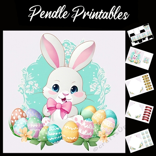 Cute Easter Bunny Rabbit With Egg 145 7x7 Card Kit. Matching Box, Gift Bauble,Tag