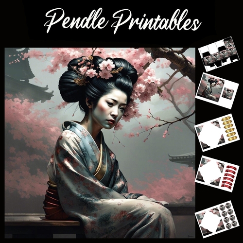 Beautiful Japanese Lady In Thought 7x7 Card Kit. Matching Box, Gift Bauble,Tag