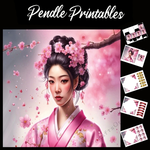 Beautiful Pink Blossom Japanese Geisha 7x7 Card Kit. Matching Box, Gift Bauble,Tag