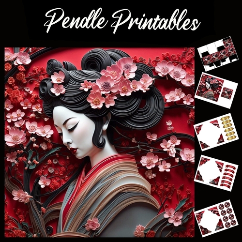 Beautiful Japanese Geisha Carved Panel Effect 7x7 Card Kit. Matching Box, Gift Bauble,Tag